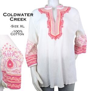 Coldwater Creek Cotton Tunic Top XL White Pink Embroidered Paisley Gauze Boho